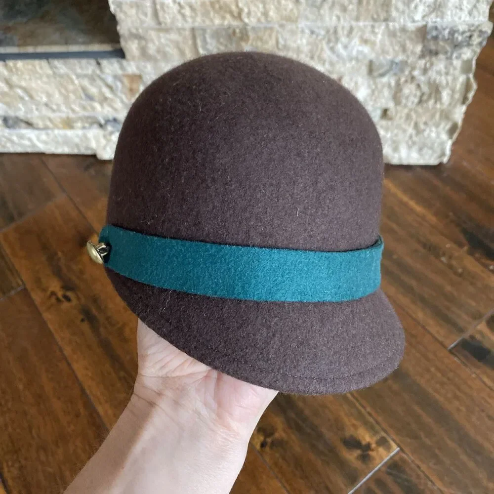 Janie and Jack Brown Wool Cloche Hat with Teal Band